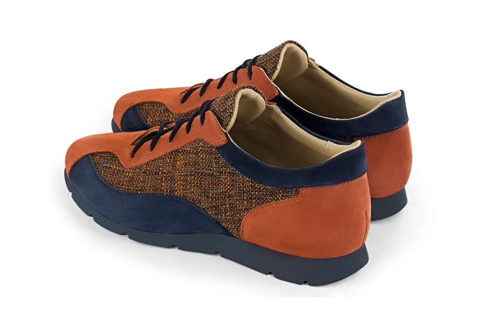 Terracotta orange and navy blue women's three-tone elegant sneakers. Round toe. Flat rubber soles. Rear view - Florence KOOIJMAN